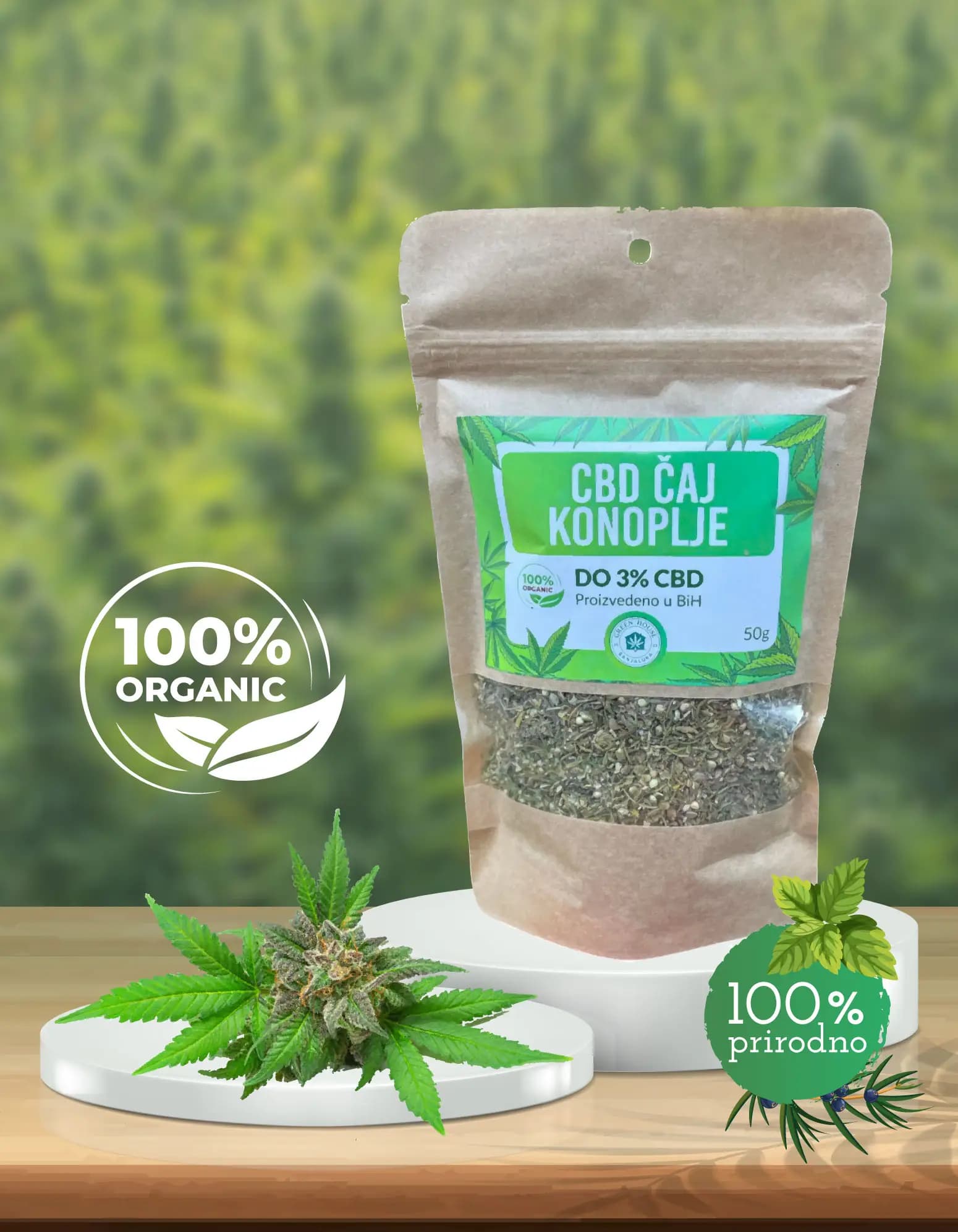 CBD čaj od konoplje u kraft vrećici od 50 g sa zelenom etiketom