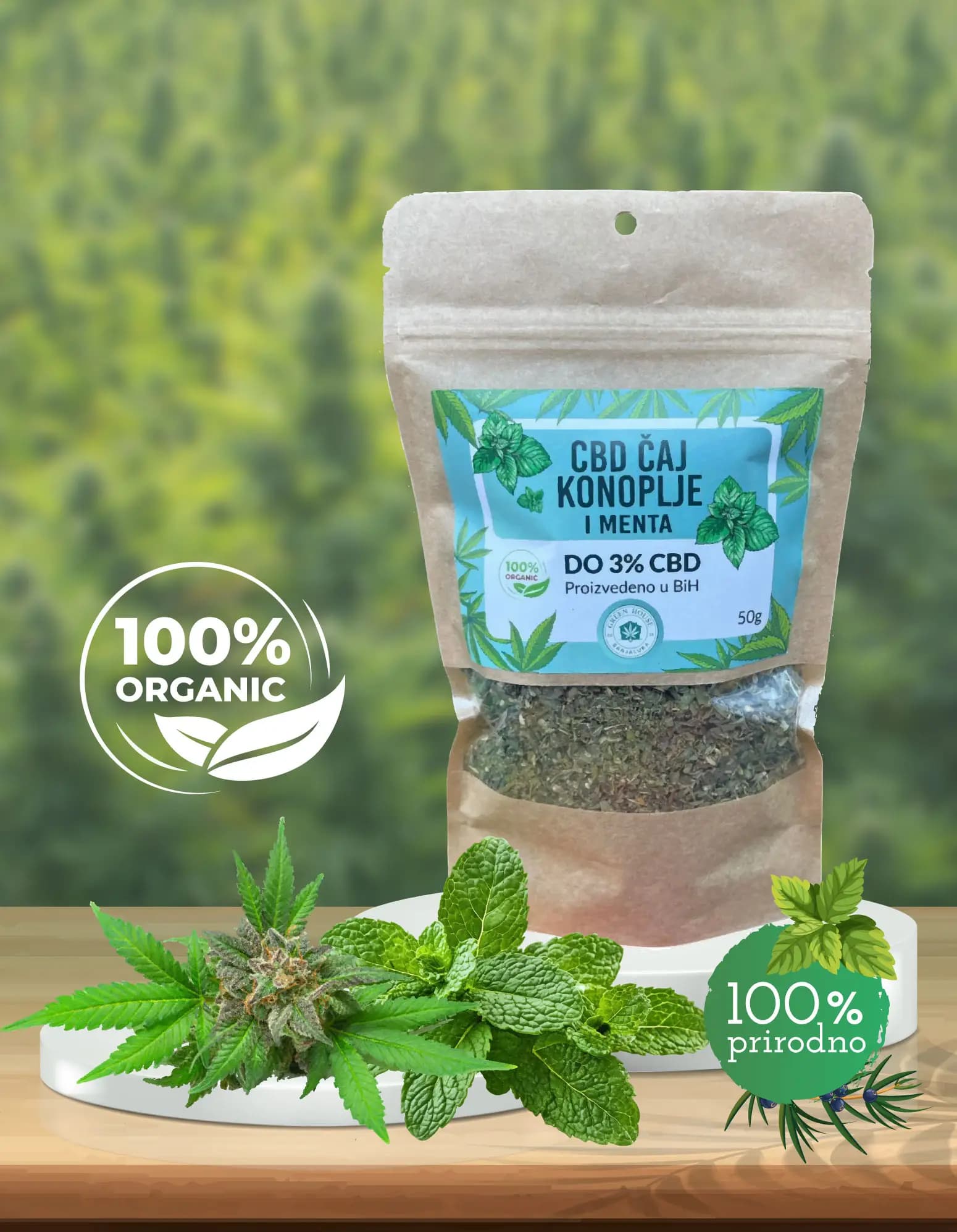 CBD čaj od konoplje i mente u kraft vrećici od 50 g sa plavom etiketom