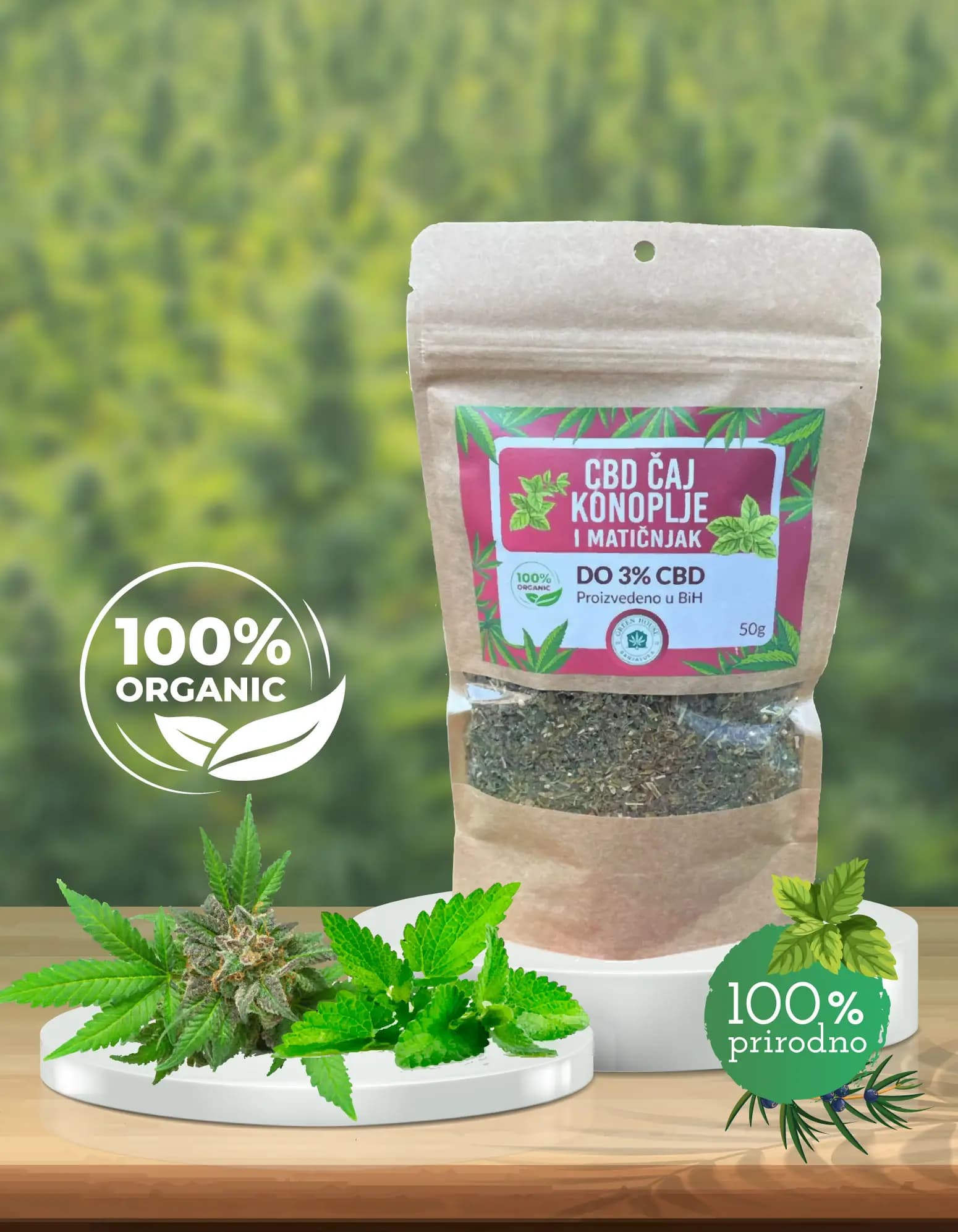 CBD čaj od konoplje i matičnjaka u kraft vrećici od 50 g sa rozom etiketom