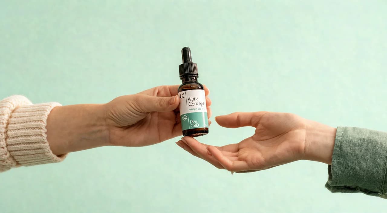 Ruka predaje bočicu Alpha Concept CBD ulja 18% drugoj osobi