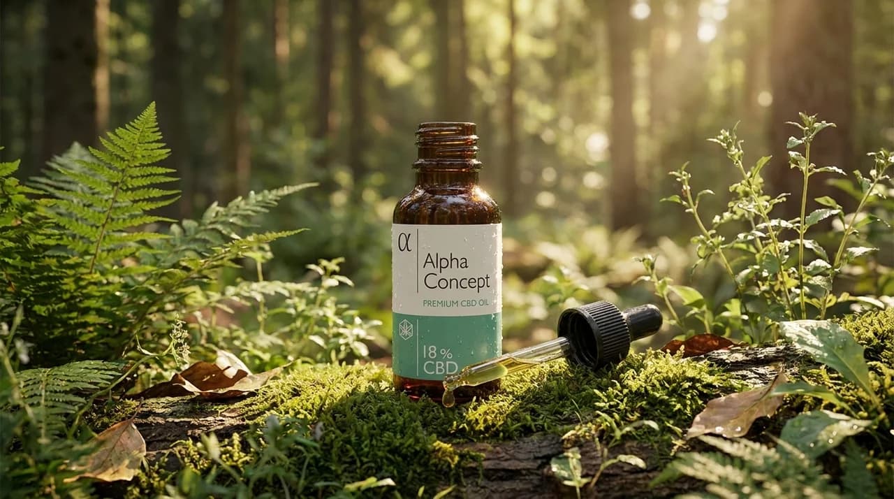 Alpha Concept CBD ulje 18% na šumskoj mahovini na prirodnom suncu