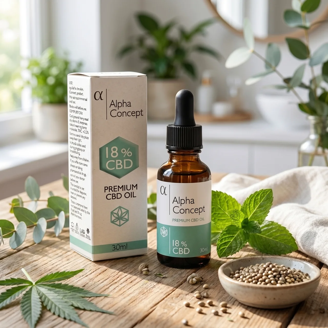 Alpha Concept Premium CBD ulje 18% 30 ml s kutijom na drvenom stolu uz listove konoplje, mentu i zdjelicu sjemenki konoplje