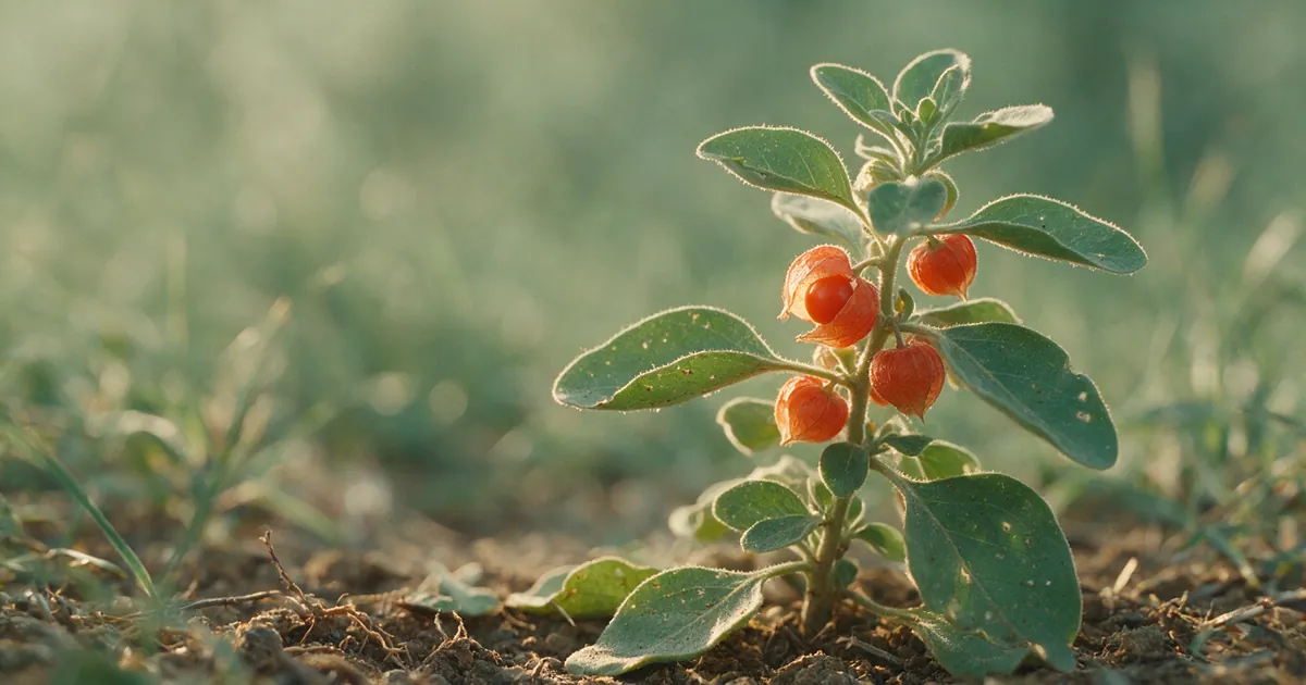 Biljka ashwagandha (Withania somnifera) sa narandžastim bobicama u papirnatim čahurama
