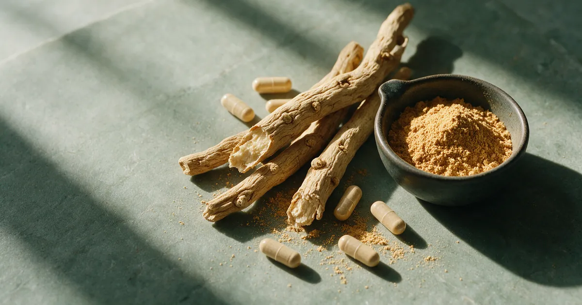 Sušeni korijen ashwagandhe, zdjelica praha i kapsule na zelenoj kamenoj podlozi