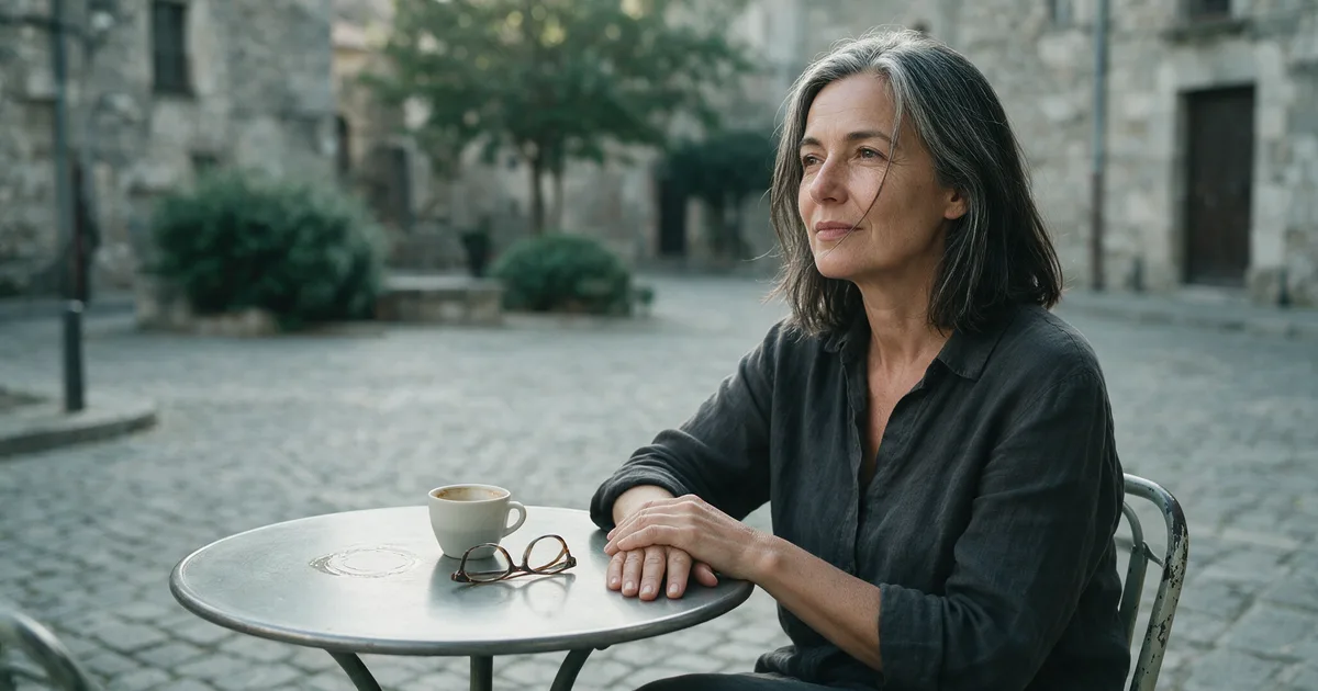 Žena srednjih godina sa sijedom kosom sjedi za stolom kafića na kamenom trgu uz šolju kafe