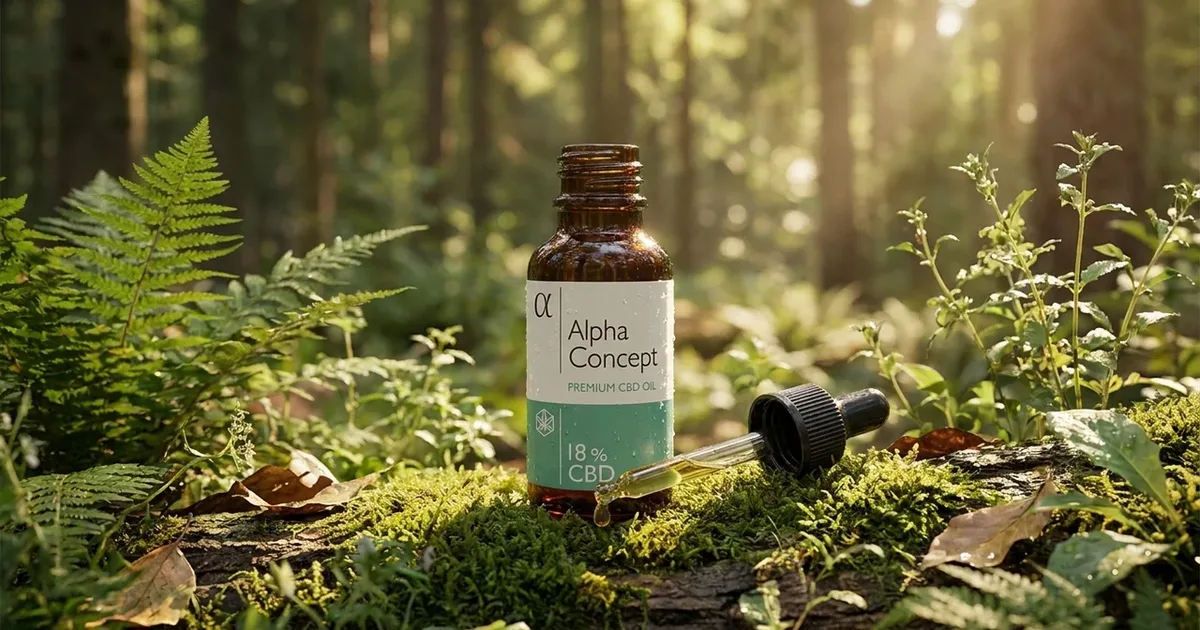 Bočica Alpha Concept Premium CBD ulja 18% s pipetom na mahovini u sunčanoj šumi uz paprat