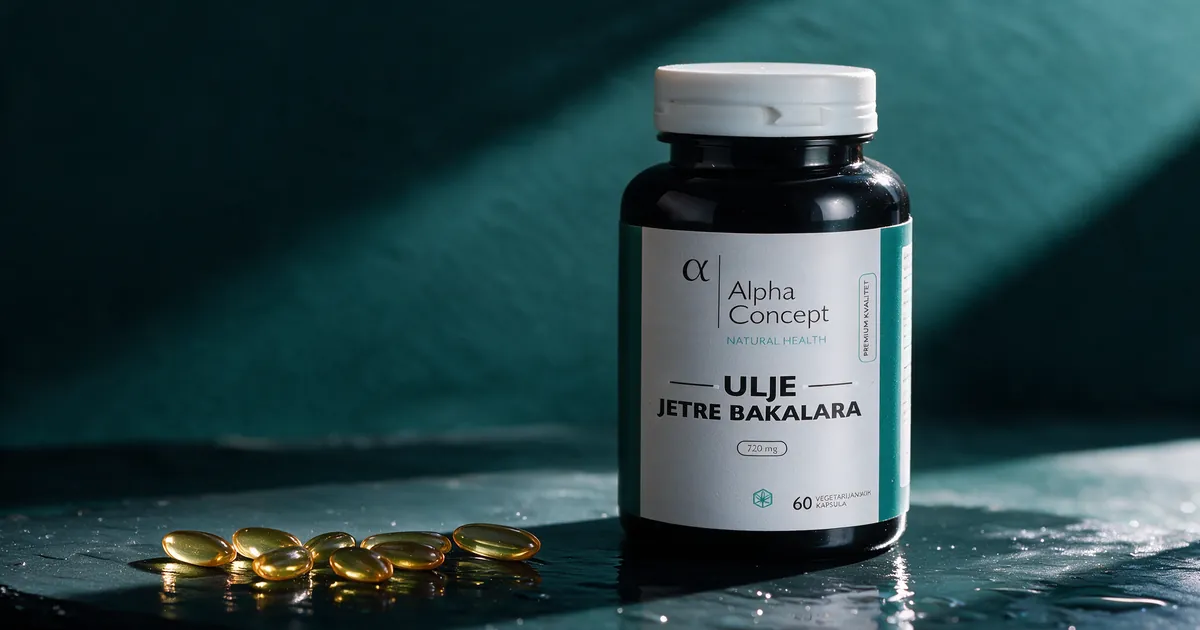 Bočica Alpha Concept Ulje jetre bakalara 720 mg, 60 kapsula, uz zlatne gel kapsule na tamnozelenoj podlozi
