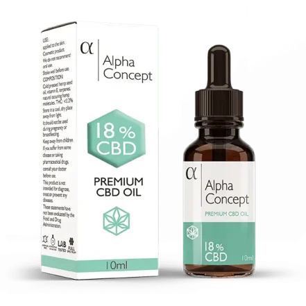Alpha Concept Premium CBD ulje 18%, bočica od 10 ml s pipetom pored kartonske kutije